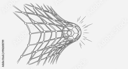 Soccer Ball Hitting Goal Net with Dynamic Impact Lines on Isolated White Background