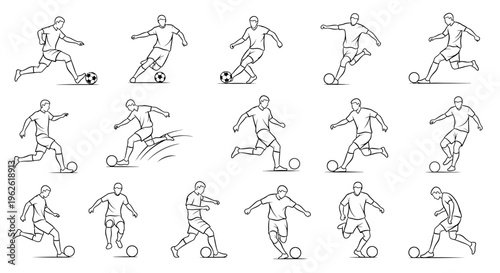 Diverse collection of soccer players kicking and dribbling ball poses, isolated white background.