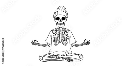 Calm Skeleton Meditating in Lotus Pose Wearing Beanie and T-shirt, isolated white background