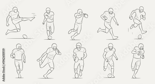 Diverse Set of American Football Players in Dynamic Action Poses, isolated white background