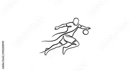 Dynamic Soccer Player Running and Dribbling Ball, One Line Art Style, isolated white background
