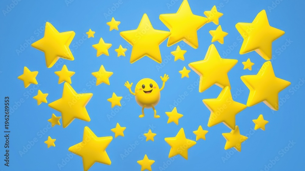 Fototapeta premium Yellow stars surround smiling character. Bright blue background creates cheerful scene. Positive vibes radiate from image.