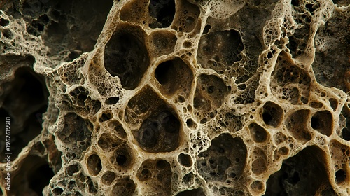 Macro shot of organic porous texture, abstract cellular bone structure and natural stone erosion pattern for scientific background