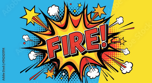 Comic style FIRE explosion graphic with stars and smoke.
