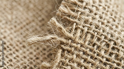 Close-up of a natural fiber fabric's textured weave and frayed edge