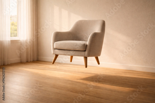 Cozy armchair with wooden legs bathed in warm sunlight near a window