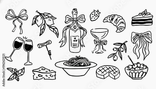 Food and drink icon set with wine glasses cheese cake croissant fruit salad and celebration design