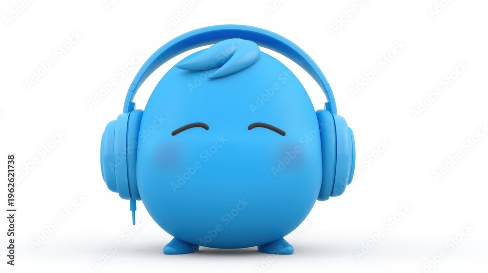 Obraz premium Blue character enjoys music. Round head, closed eyes, rosy cheeks, headphones present. Simple design, clean background. Peaceful expression.