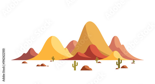 Stylized desert landscape illustration with vibrant mountains and sparse vegetation