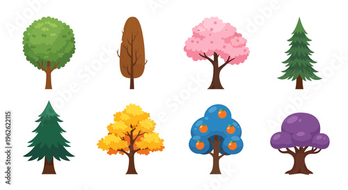 Stylized diverse trees showcase various shapes colors and characteristics for design