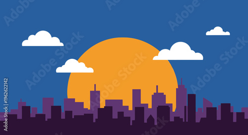 Stylized city silhouette at sunset with soft clouds minimal background