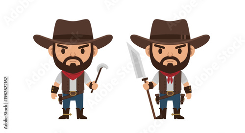 Stylized cowboy figures with diverse weaponry, cartoonish design and wild west adventure