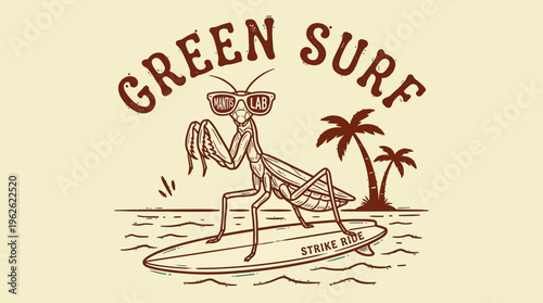 Praying Mantis on Surfboard Wearing Sunglasses.