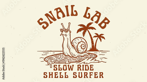 Snail riding surfboard on water.