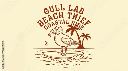 Seagull standing on surfboard holding fish.