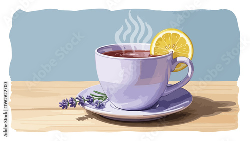 Warm Herbal Tea Cup with Lemon Slice and Lavender Sprig on Wooden Table