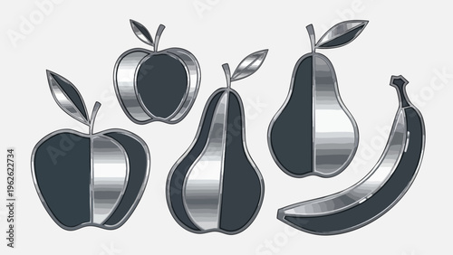 Stylized Metallic Fruit Icons: Silver & Dark Chrome Apples, Pears, Banana. Modern Graphic Design Elements.