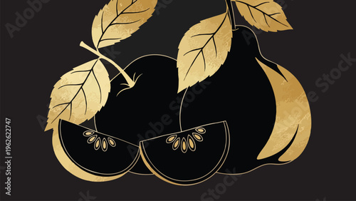 Elegant Black and Gold Fruit Silhouettes with Golden Leaves and Slices on Dark Background
