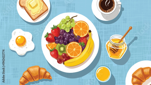 Colorful Healthy Breakfast Illustration with Fresh Fruits, Coffee, Toast, Croissant, Egg, and Honey
