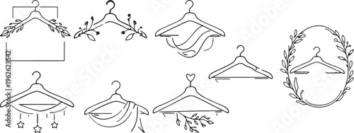 Minimal hanger logos with floral wreaths clothes drapery decorative boutique branding set vector kit