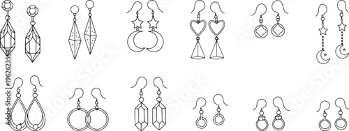 Earrings line art icon set with hoops hearts gems drops jewelry minimal vector collection design