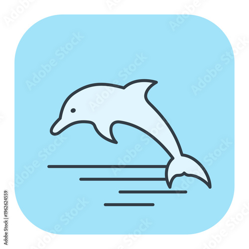 Flat vector icon of a dolphin jumping out of the sea water. Illustrations for summer design