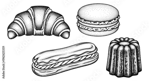 French Pastries Collection Stipple Art