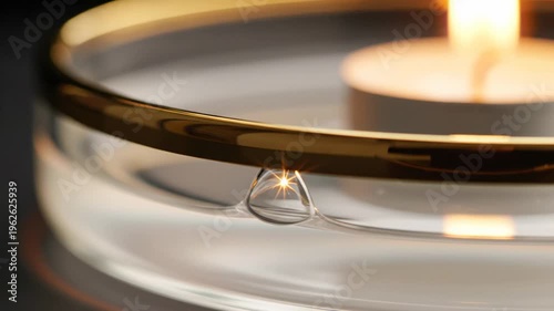Water droplet falling from a golden rim in front of a burning tea light candle, macro shot, soft glow and reflection, moody atmosphere