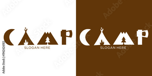 Outdoor adventure logo with tent and mountain silhouette