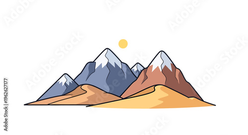 Stylized mountain range over sand dunes with a warm sun on the horizon illustration