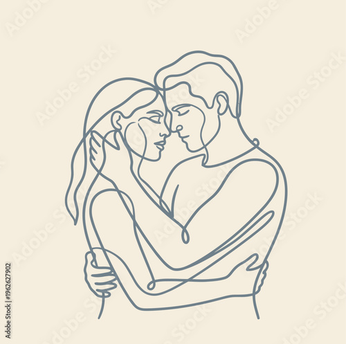A continuous line illustration captures a romantic embrace between a man and a woman, their eyes closed in deep connection.