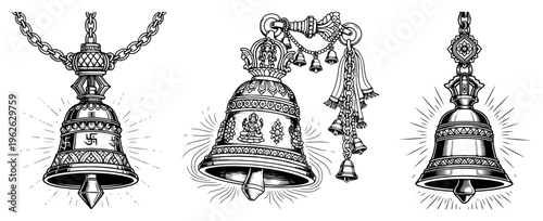 Vintage Ornate Bells Vector Set, Traditional Decorative Hanging Bell Engraving Illustrations, Hindu or Buddhist Temple Bell Metalwork Design