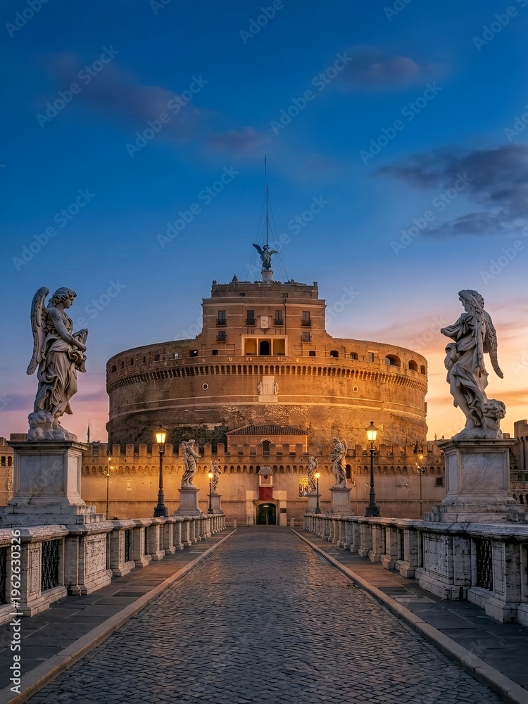 Obraz premium Rome landmark view of Castel Sant'Angelo and the Bridge of Angels at twilight sunset
