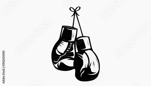 Boxing gloves hanging illustration with bold outline sports equipment symbol of strength and fight