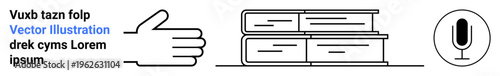 Education, knowledge sharing, communication, audiobook creation, online learning, collaboration. Line art with a hand, three books and a microphone. Education and communication concept