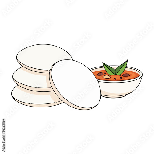 Steamed White Idli South Indian Breakfast Vector Illustration