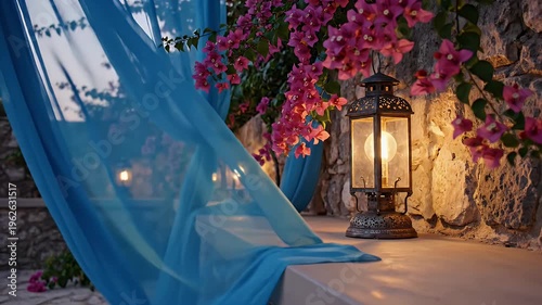 Romantic seaside dining setup under flowing blue drapes with lantern light at dusk