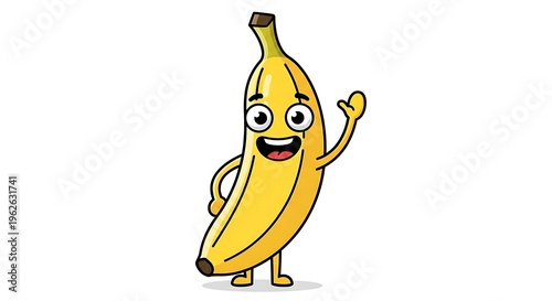 Cartoon banana character waving happily.