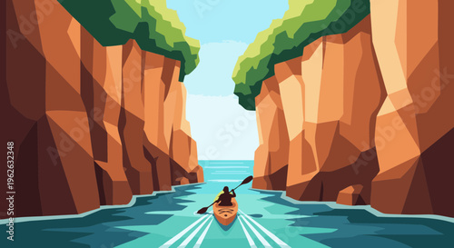 Solo kayaker paddling through a scenic canyon. Flat vector landscape