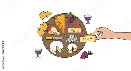 Hand taking cheese from a gourmet platter with red wine and grapes vector illustration