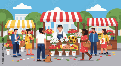 Vector illustration of a city flower market with diverse people buying bouquets