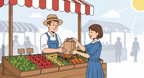 Vector illustration of a friendly farmer selling fresh produce to a customer at a sunny outdoor farmers market stall