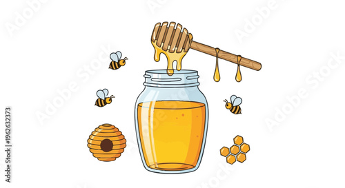Cartoon illustration of a honey jar with a dripping dipper, bees, and honeycomb. Vector graphic isolated on white