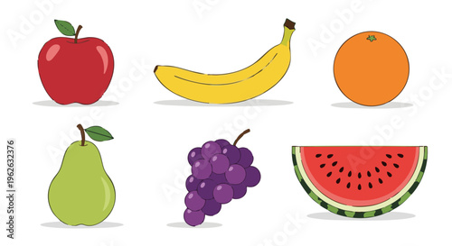 Colorful collection of fresh fruits. Vector illustration set with apple, banana, orange, pear, grapes and watermelon