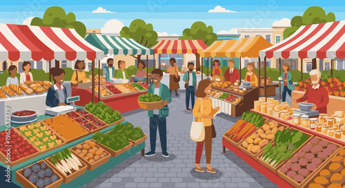 Diverse people shopping for fresh produce at an outdoor farmers market. Vector illustration of a local community event with food stalls and happy customers