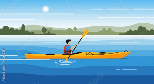 Man in a kayak paddling on a calm lake. Solo outdoor water sport activity in a scenic landscape. Vector illustration