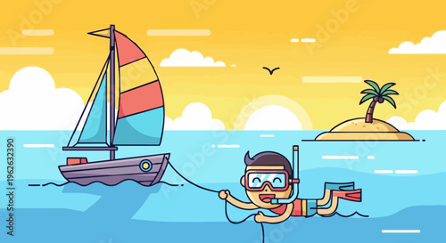 Boy snorkeling in the ocean pulled by a sailboat. Tropical island vacation illustration