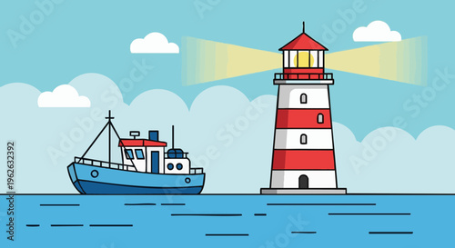 Lighthouse with a shining light beam and a fishing boat at sea. Flat vector illustration of a coastal scene