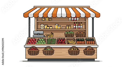 Vector illustration of a farmers market stand with fresh fruits and vegetables