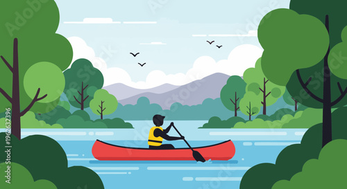 Person in a red canoe paddling on a calm river surrounded by a forest. Vector illustration